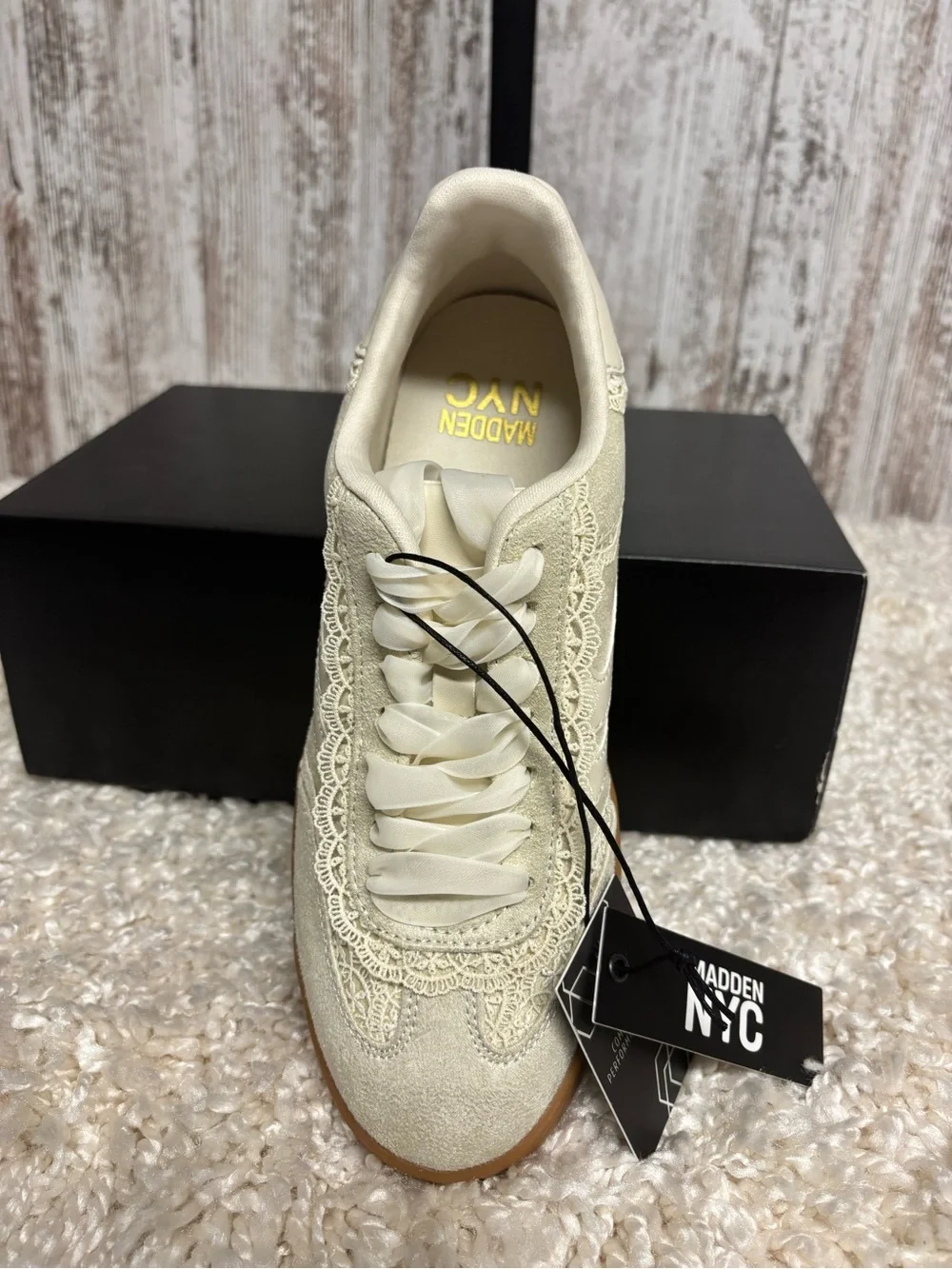 Madden NYC Women’s Cream Lace-Trim Sneaker with Gum Sole